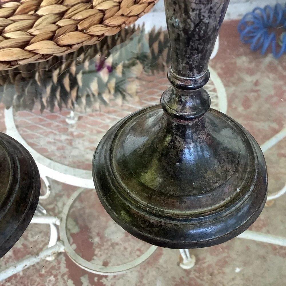 Vintage Antique Patina Silver Tone Candlesticks Taper Candle Holders